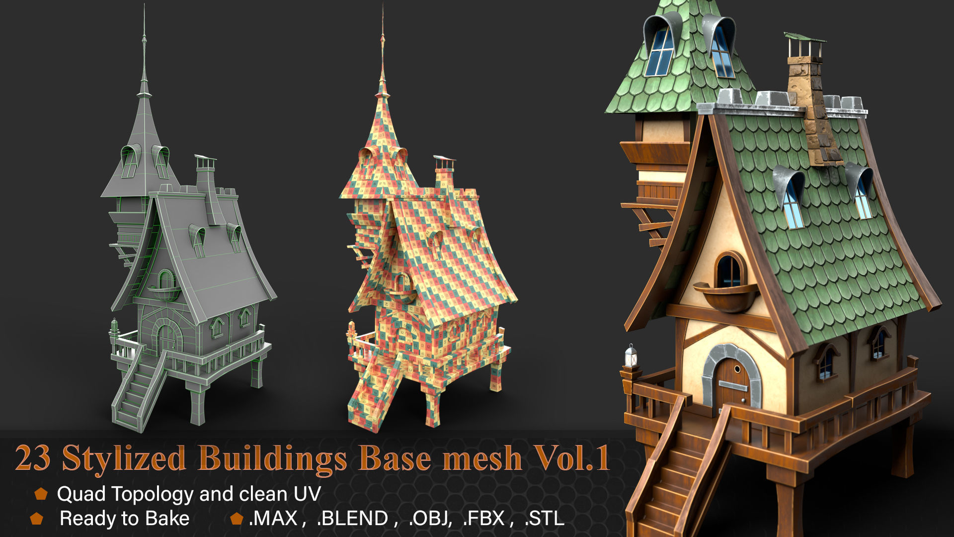 23 Stylized Buildings Base mesh Vol 1 Low-poly 3D model_1