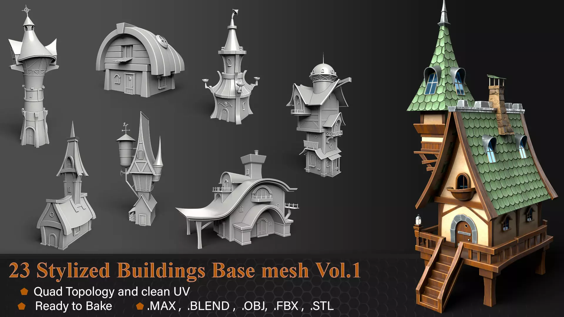 23 Stylized Buildings Base mesh Vol 1 Low-poly 3D model_0