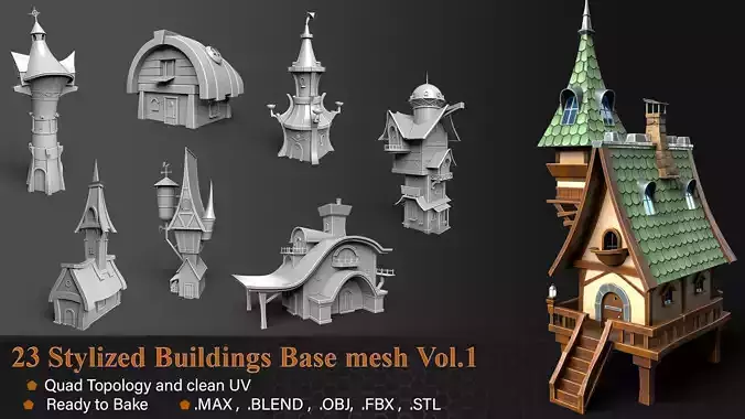 23 Stylized Buildings Base mesh Vol 1 Low-poly 3D model