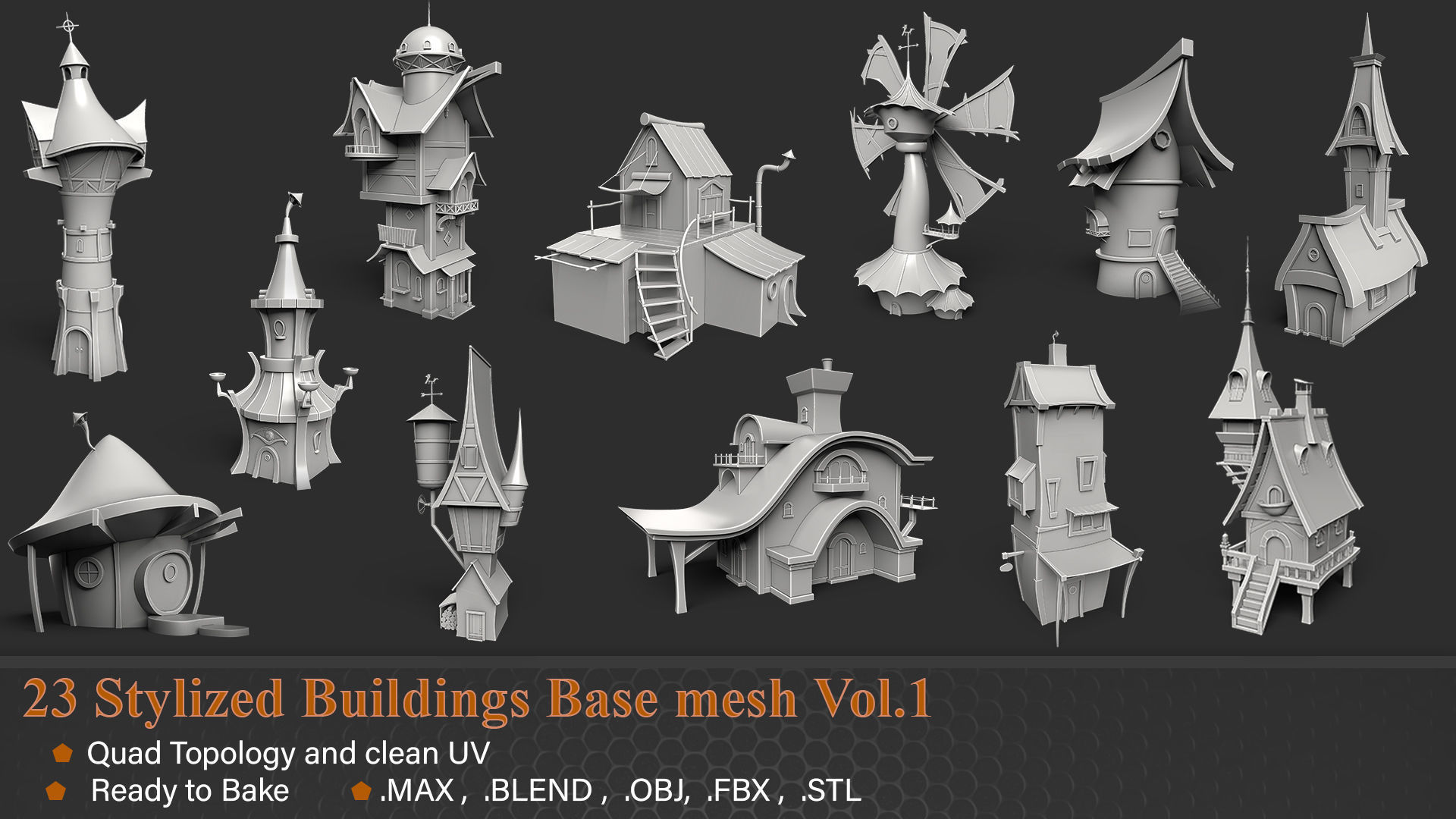23 Stylized Buildings Base mesh Vol 1 Low-poly 3D model_2