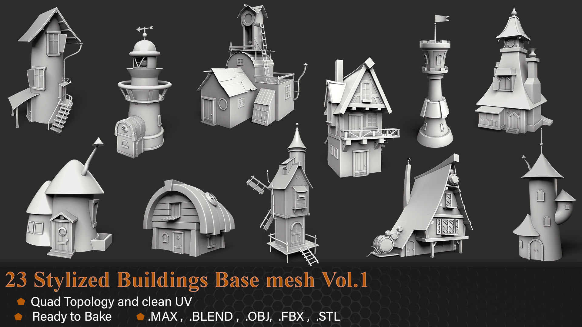 23 Stylized Buildings Base mesh Vol 1 Low-poly 3D model_3