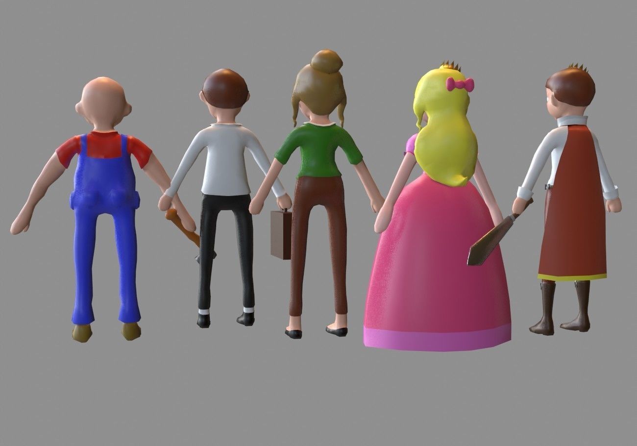 5 cartoon characters package Low-poly 3D model_1