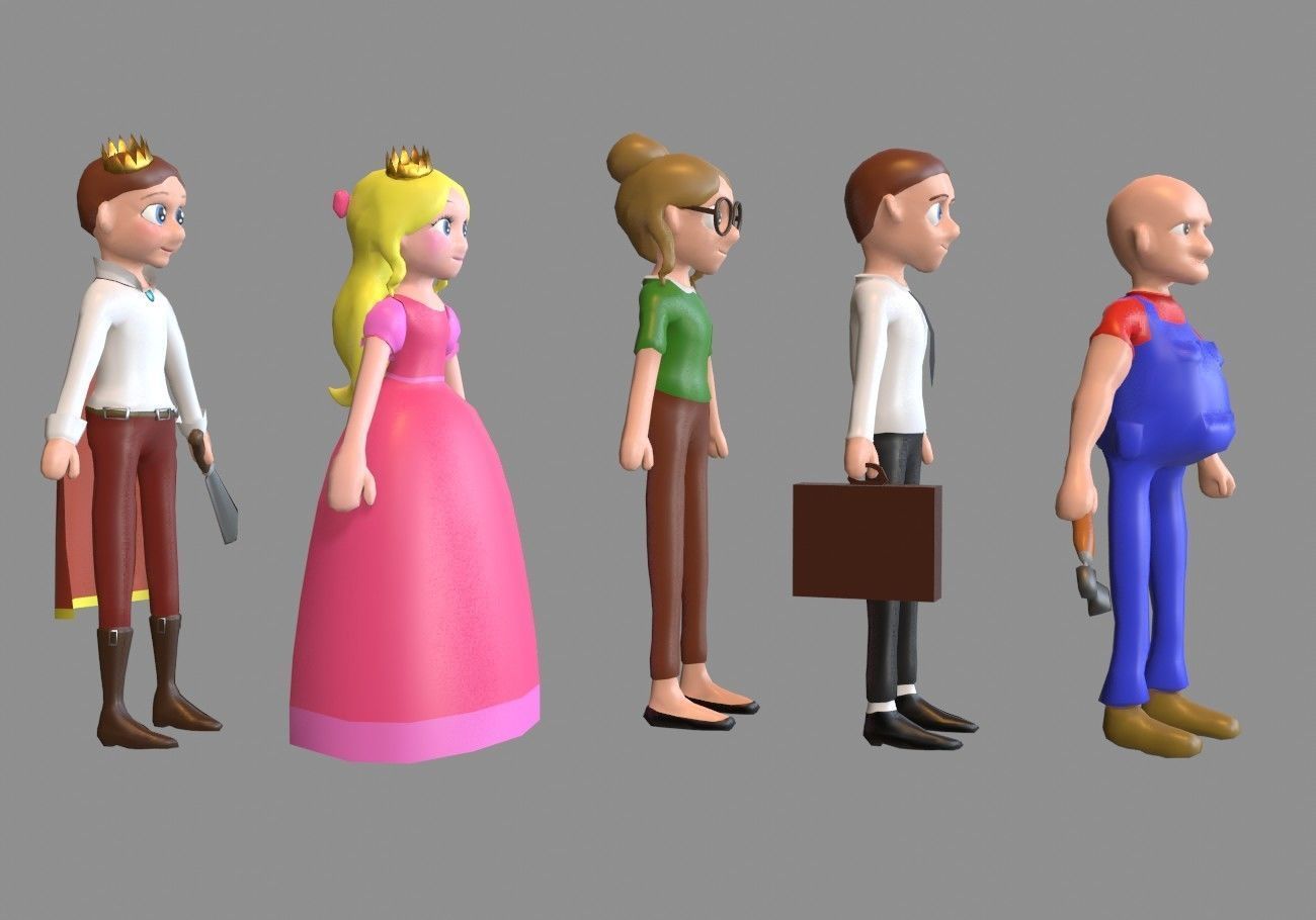 5 cartoon characters package Low-poly 3D model_2
