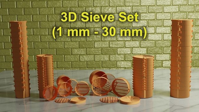 3D Print Ready Sieve Set for 1 - 30 mm Particle Size Range 3D print model