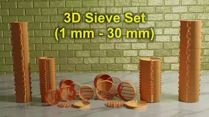 3D Print Ready Sieve Set for 1 - 30 mm Particle Size Range 3D print model