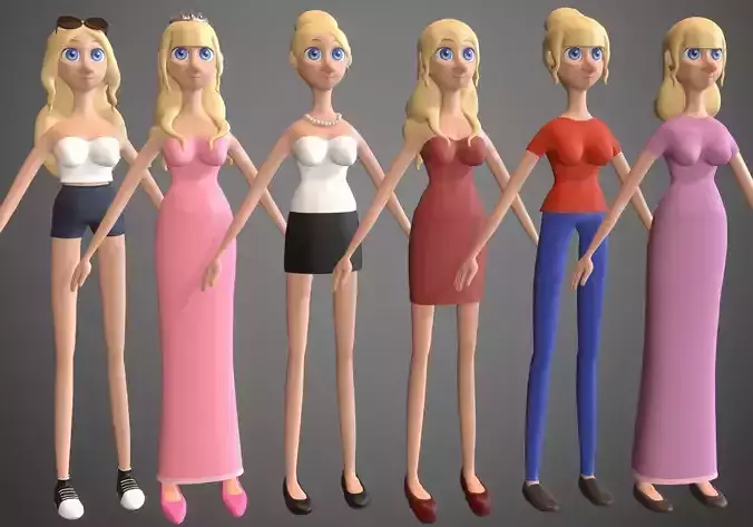 cartoon girl 6 outfits package with facial expressions