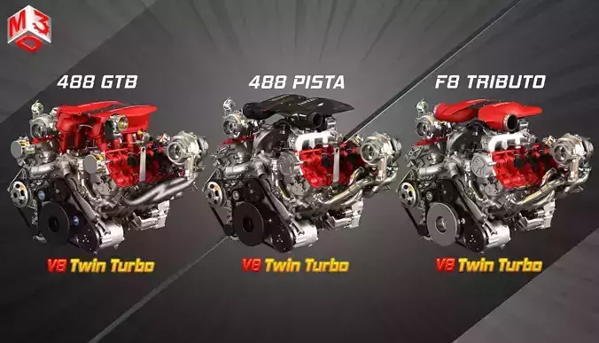 488 GTB - 488 Pista - F8 Tributo - V8 Twin Turbo Engines  3 in 1 3D Model Collection