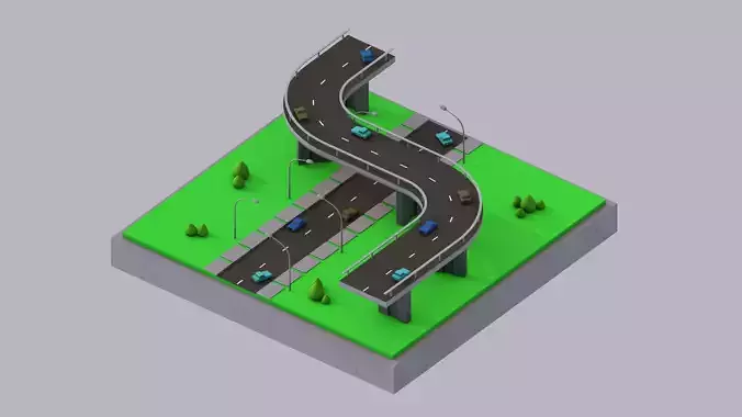 Highway Road and Bridge with Cars Low-poly 3D model
