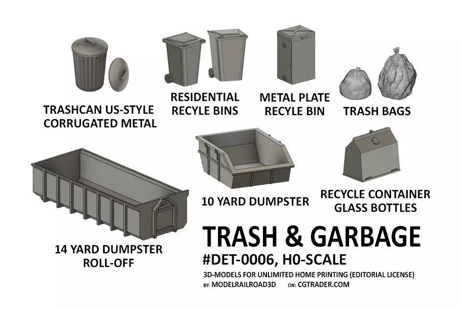 DET-0006 Trash and Garbage set 11 items H0-scale 3D print model