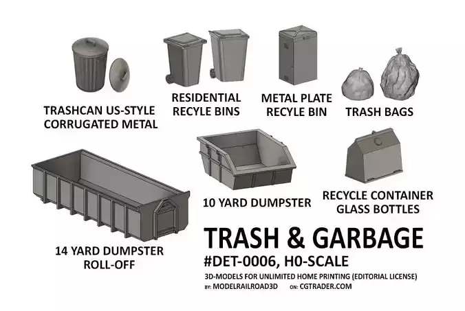 DET-0006 Trash and Garbage set 11 items H0-scale 3D print model