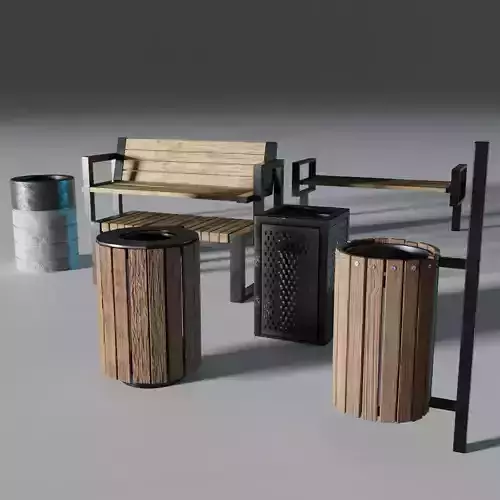 Collection of wooden street benches and bins