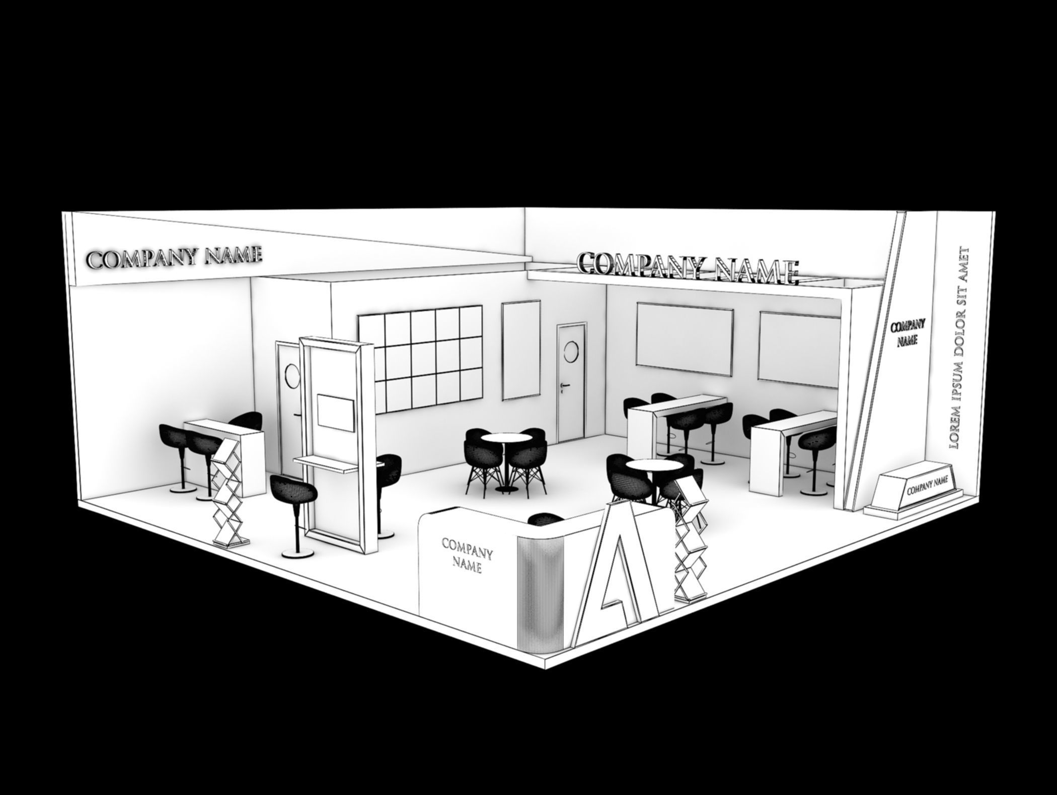 Booth Exhibition Stand Stall 9x9m Height 400 cm 2 Side Open 3D model_5