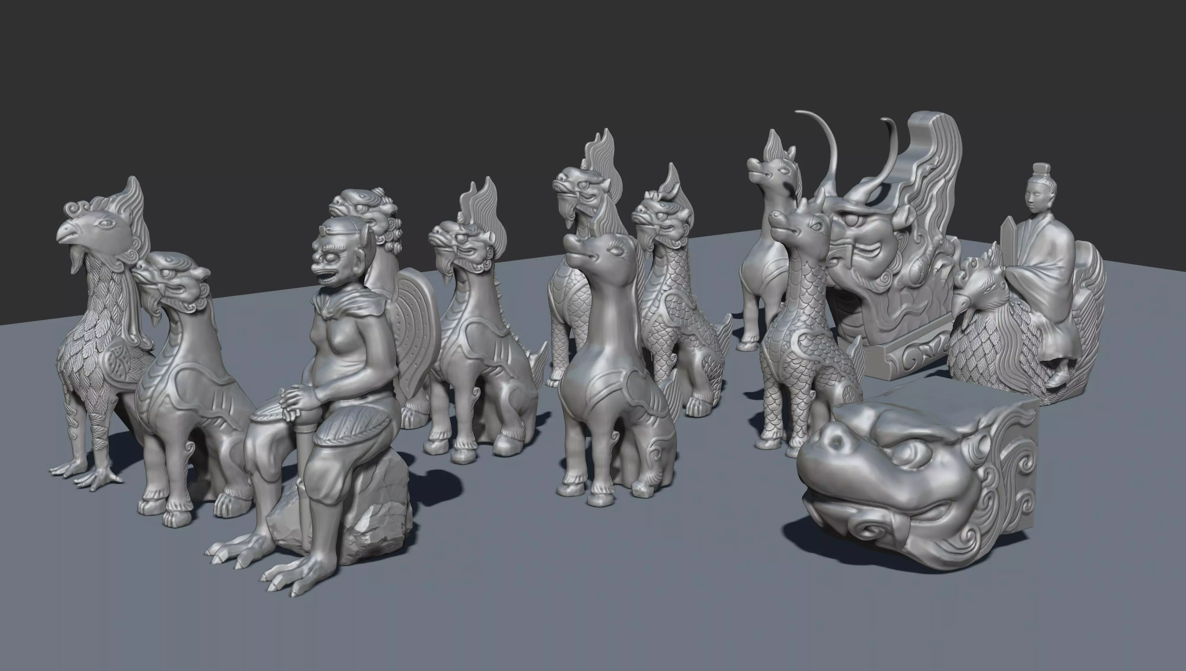 animal ornaments on house-ridges 3D model_0