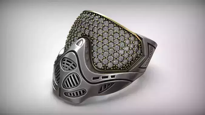 Paintball Mask Militarist Game Silver Gems Ring