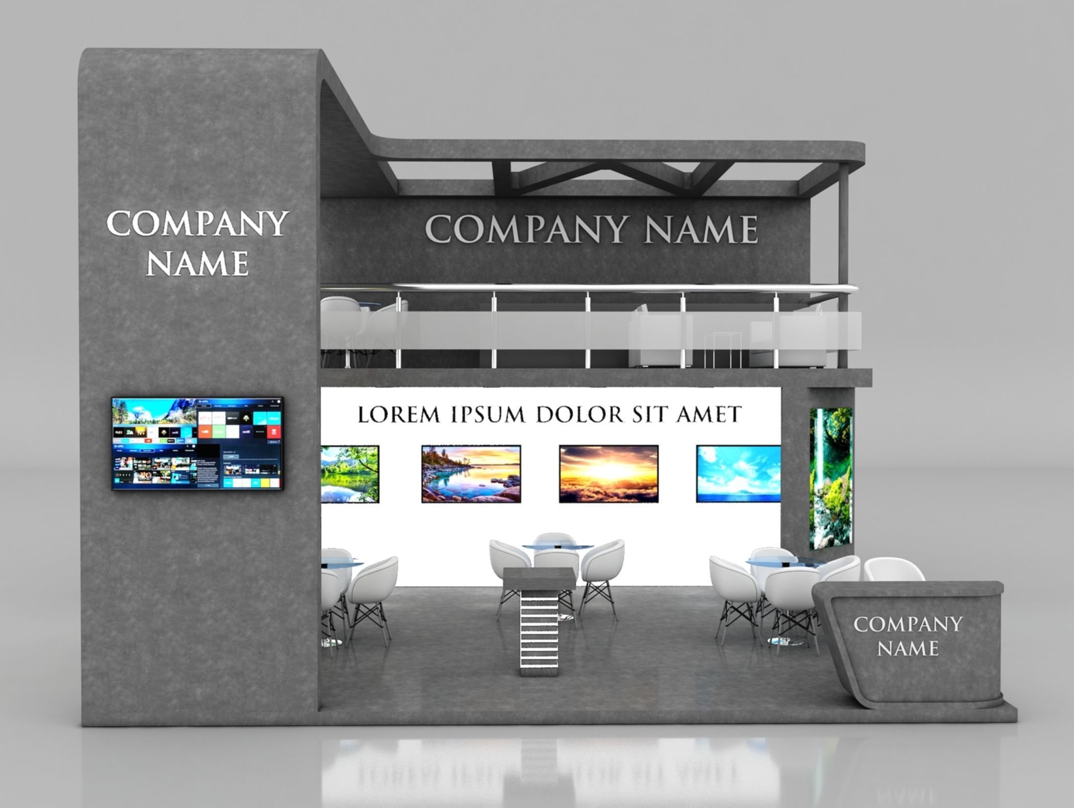 Booth Exhibition Stand Stall 7x7m Height 500 cm 3 Side Open 3D model_2