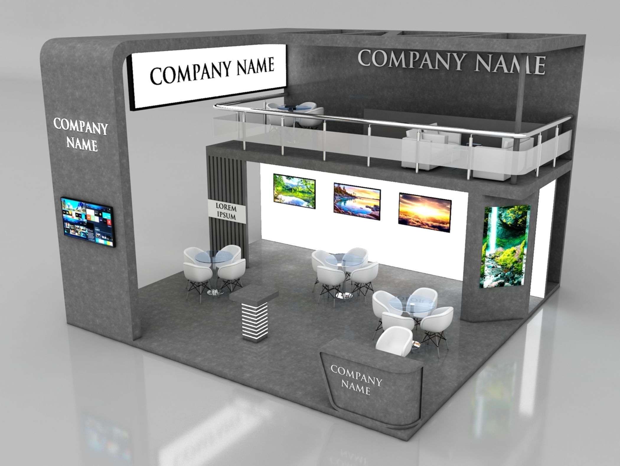 Booth Exhibition Stand Stall 7x7m Height 500 cm 3 Side Open 3D model_1