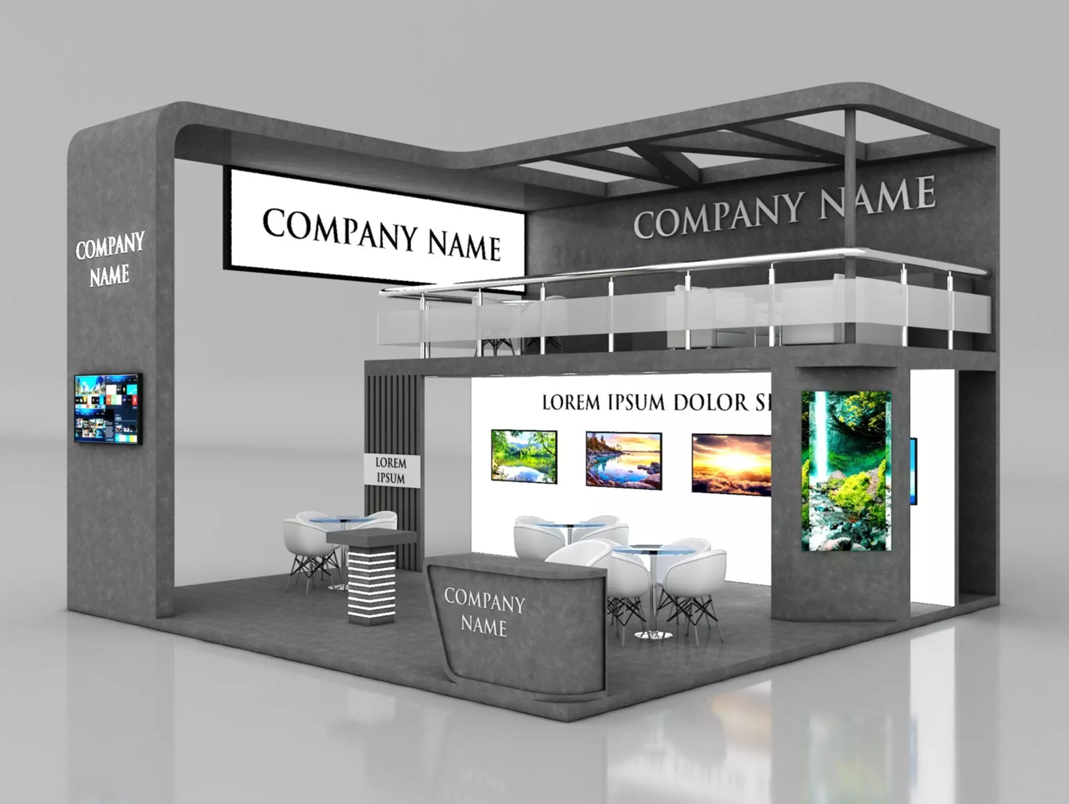 Booth Exhibition Stand Stall 7x7m Height 500 cm 3 Side Open 3D model_0