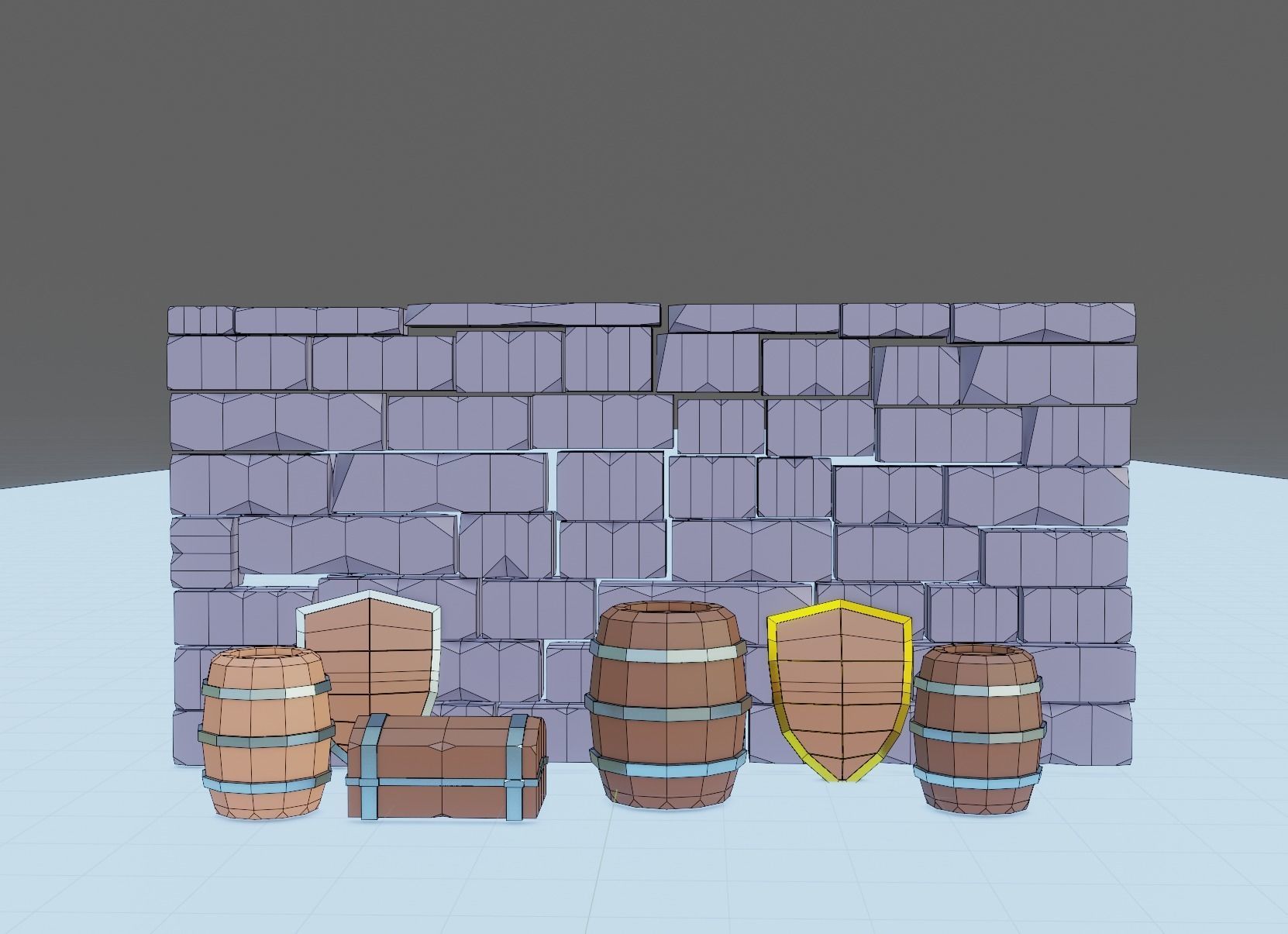 low-poly objects set of barrels and shields Free low-poly 3D model_3