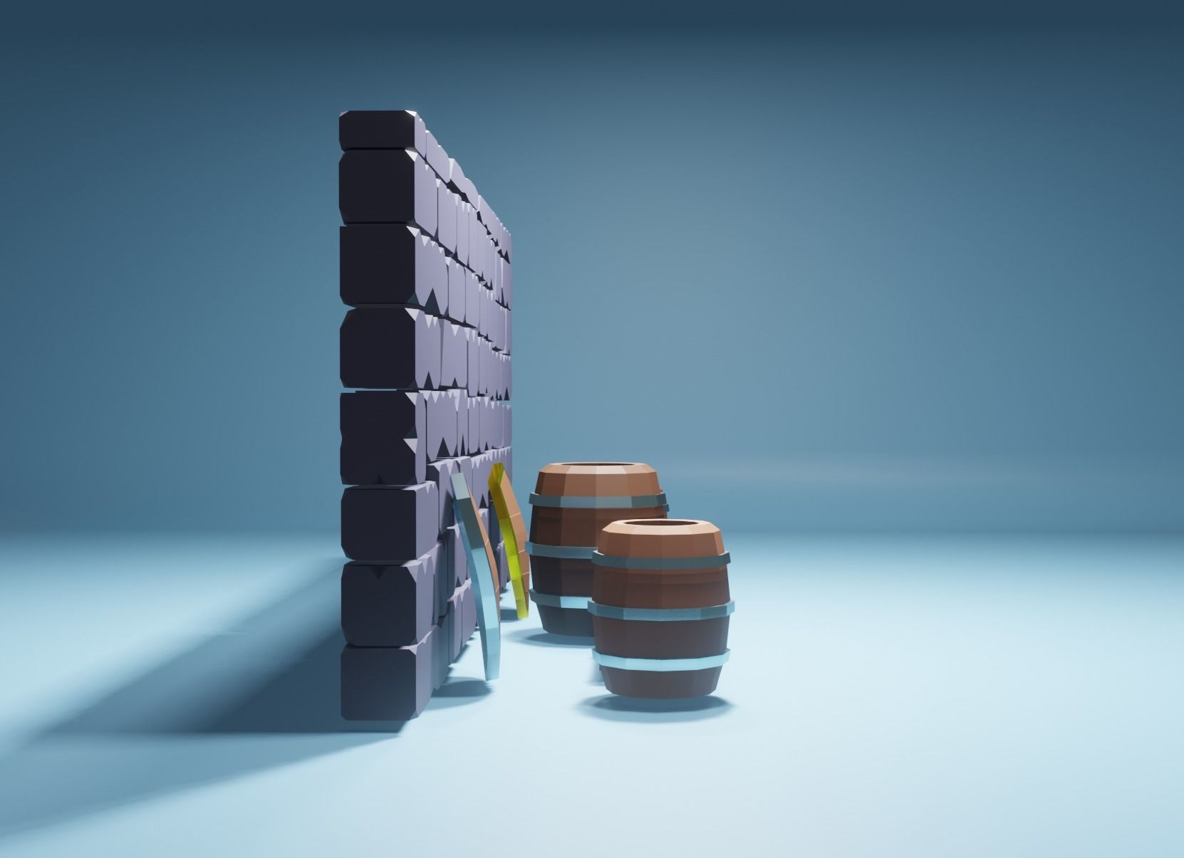 low-poly objects set of barrels and shields Free low-poly 3D model_1