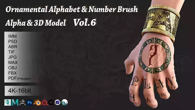 144 Ornamental Alphabet and Number Brush  Alpha  3D model Vol 6
