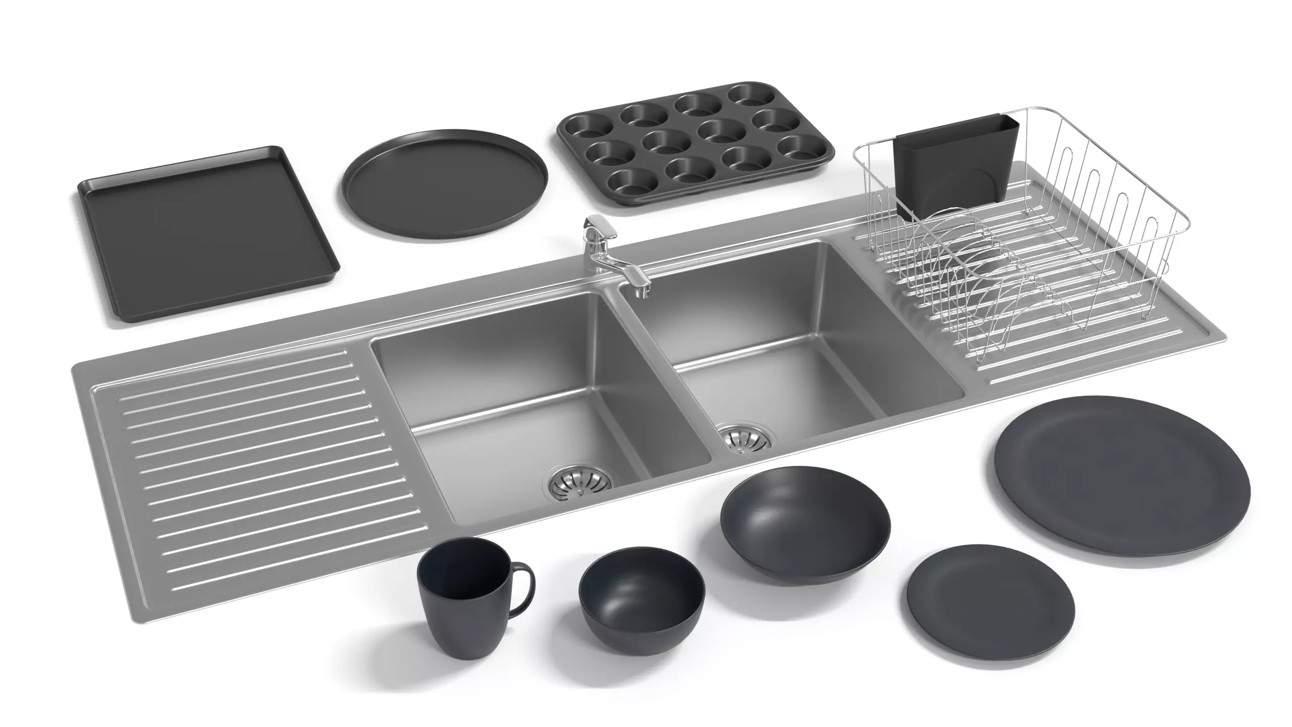 Kitchen Set sink with dishes and pans 3D Model Collection_0