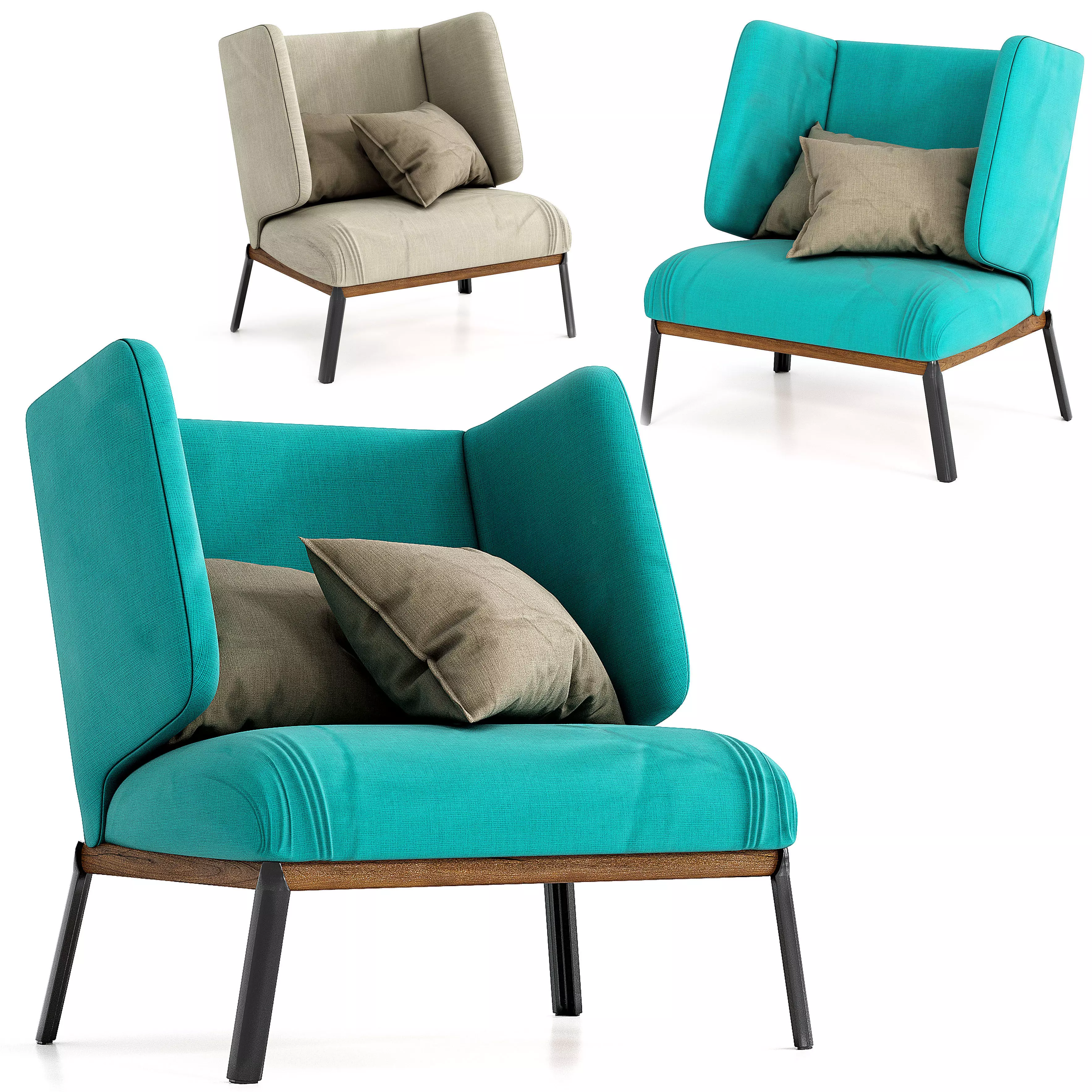 Arflex-Hug-Armchair teal chair with legs and pillows 3D model