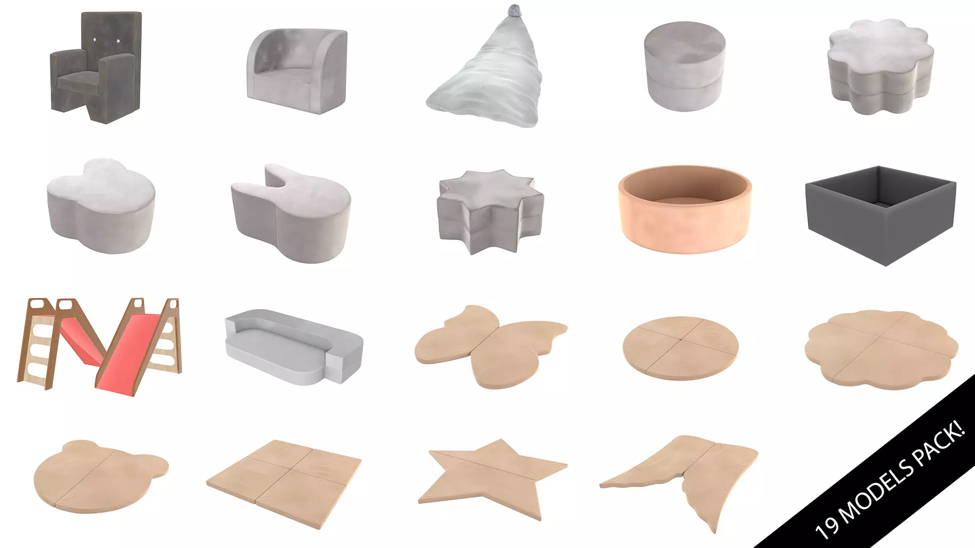 Kid room furniture set - poufs and mats and other for children 3D model