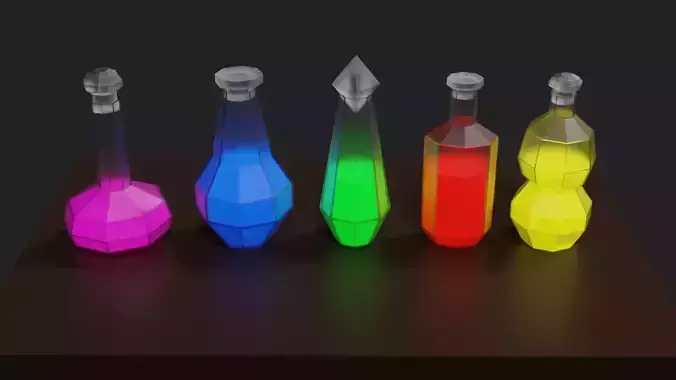 Lowpoly Potion Set of colored bottles on table