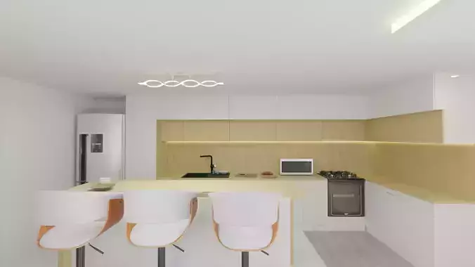 Kitchen with cabinets and bar stools