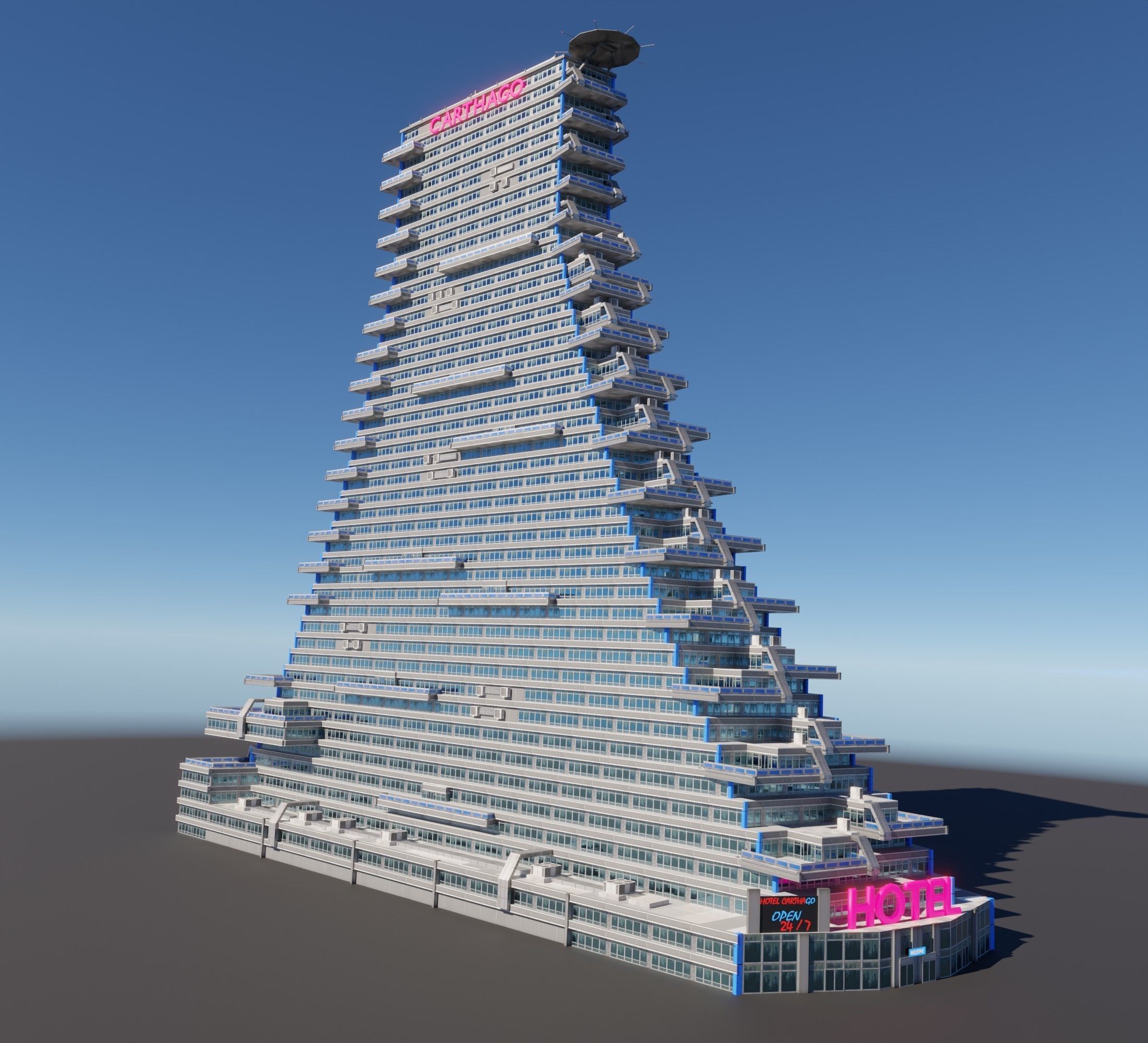 Huge skyscraper hotel with balcony and trapezoid shape Low-poly 3D model_3