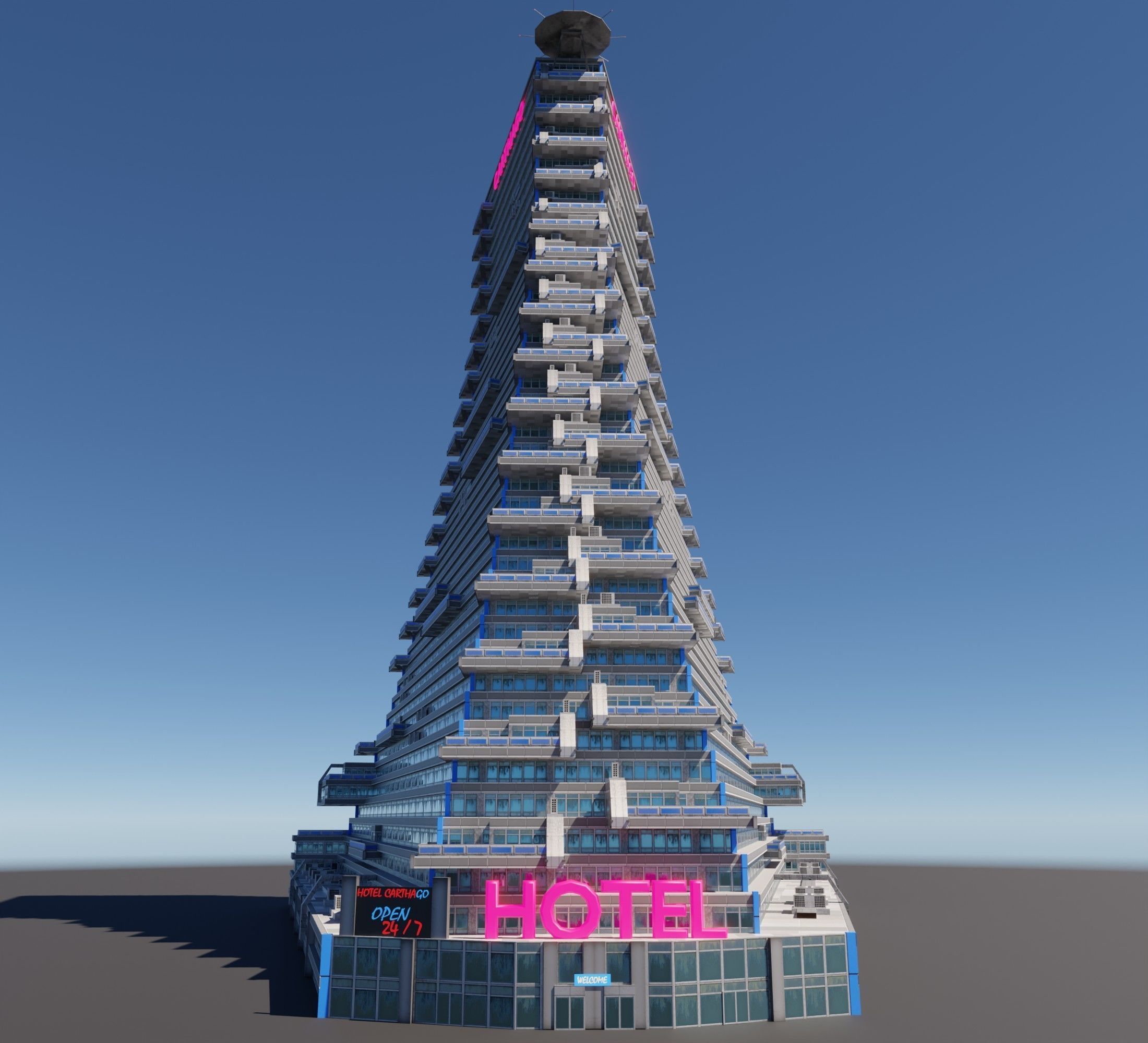 Huge skyscraper hotel with balcony and trapezoid shape Low-poly 3D model_2