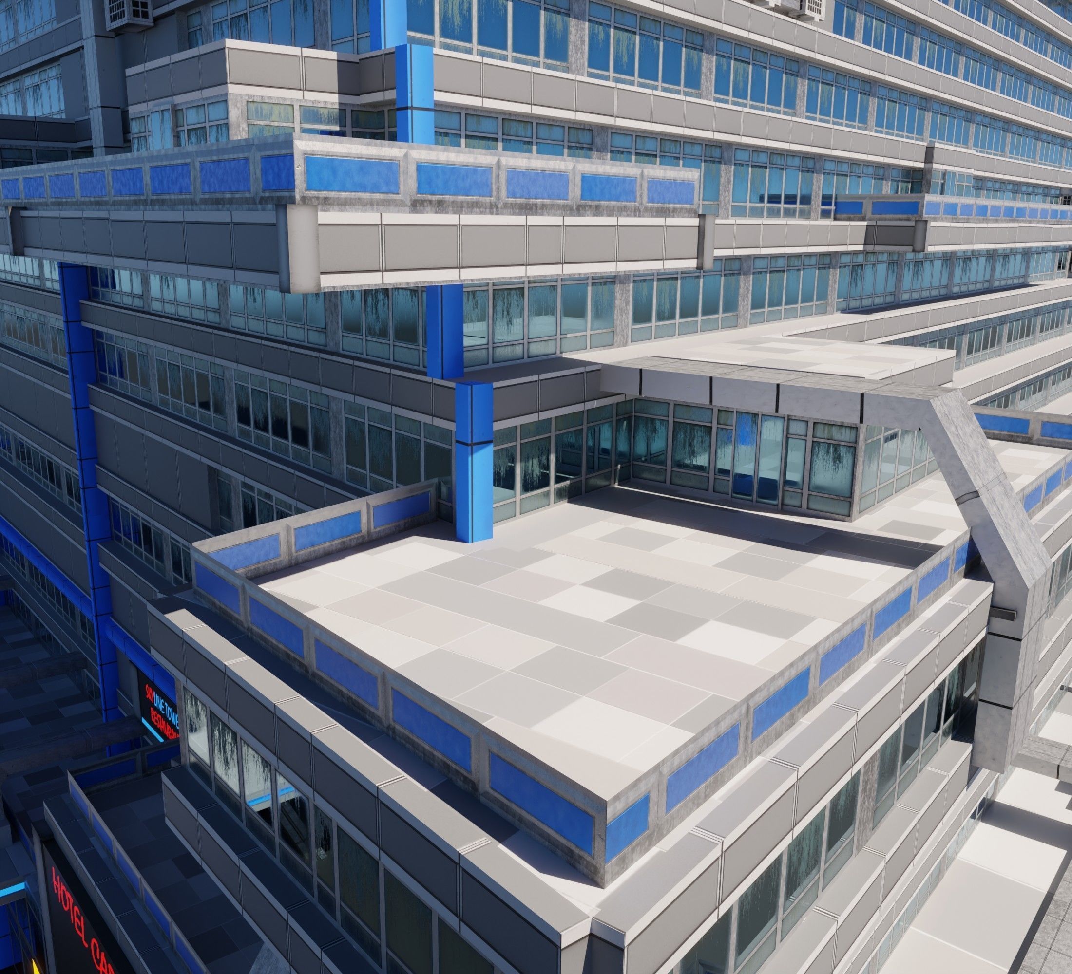 Huge skyscraper hotel with balcony and trapezoid shape Low-poly 3D model_6