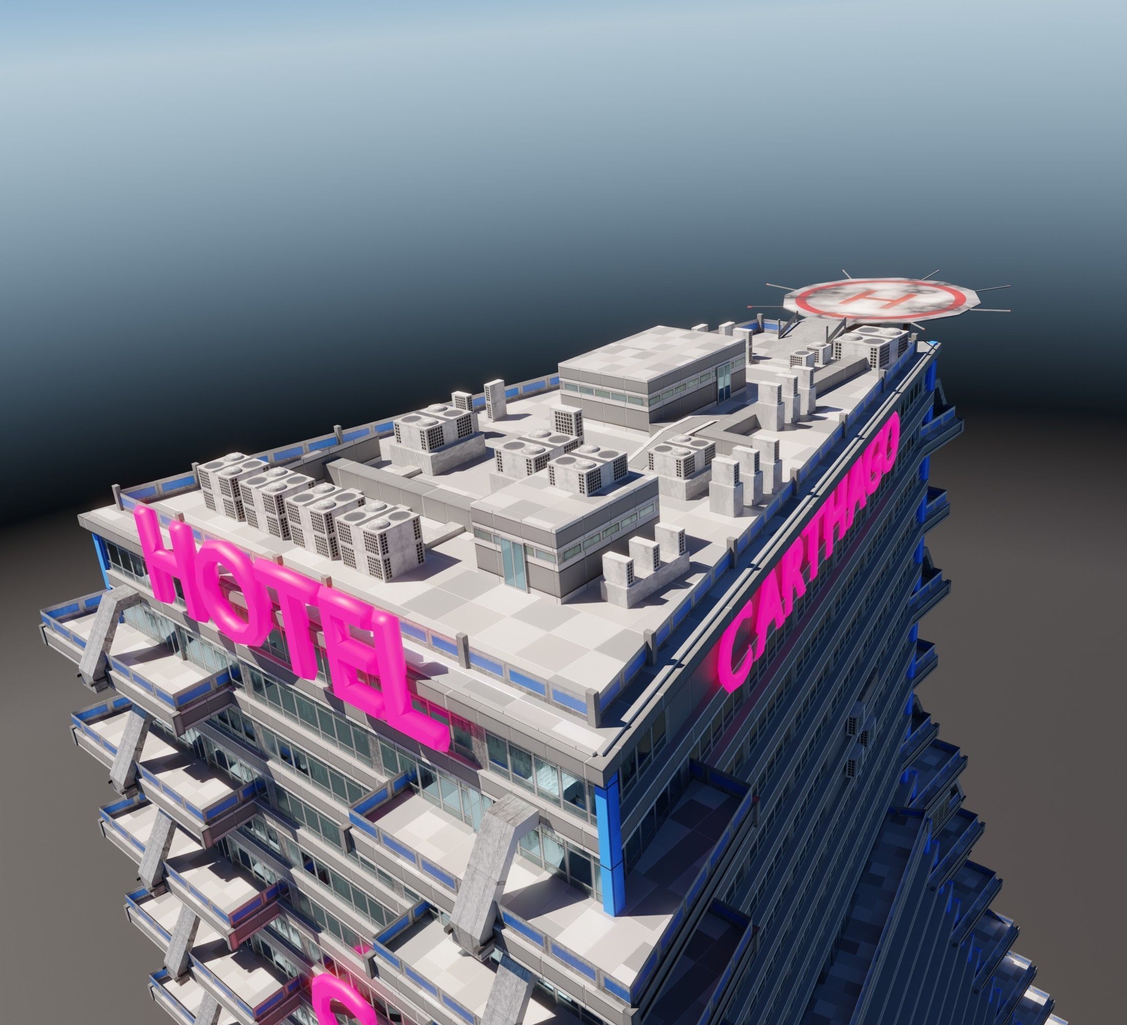 Huge skyscraper hotel with balcony and trapezoid shape Low-poly 3D model_4