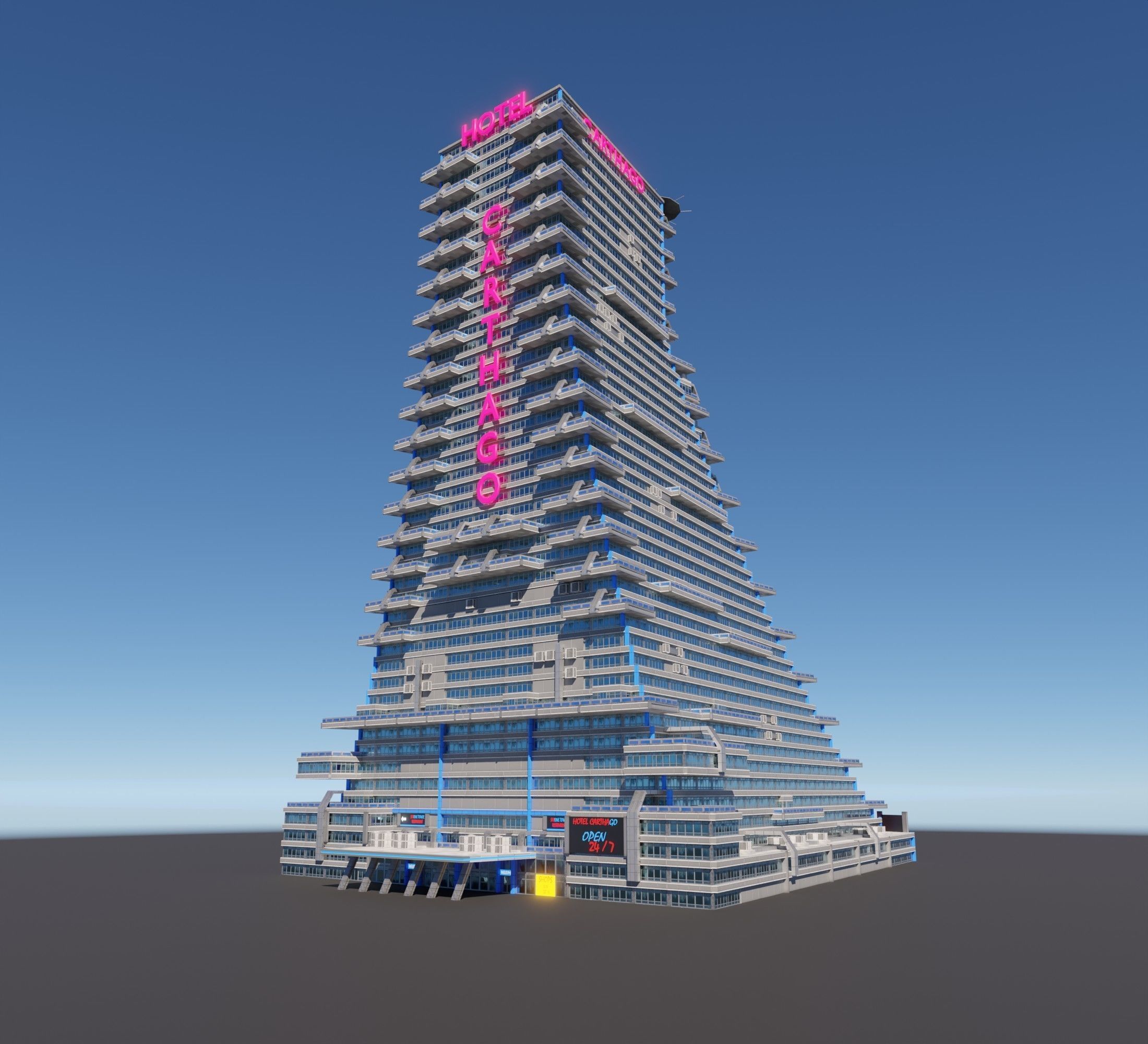 Huge skyscraper hotel with balcony and trapezoid shape Low-poly 3D model_1