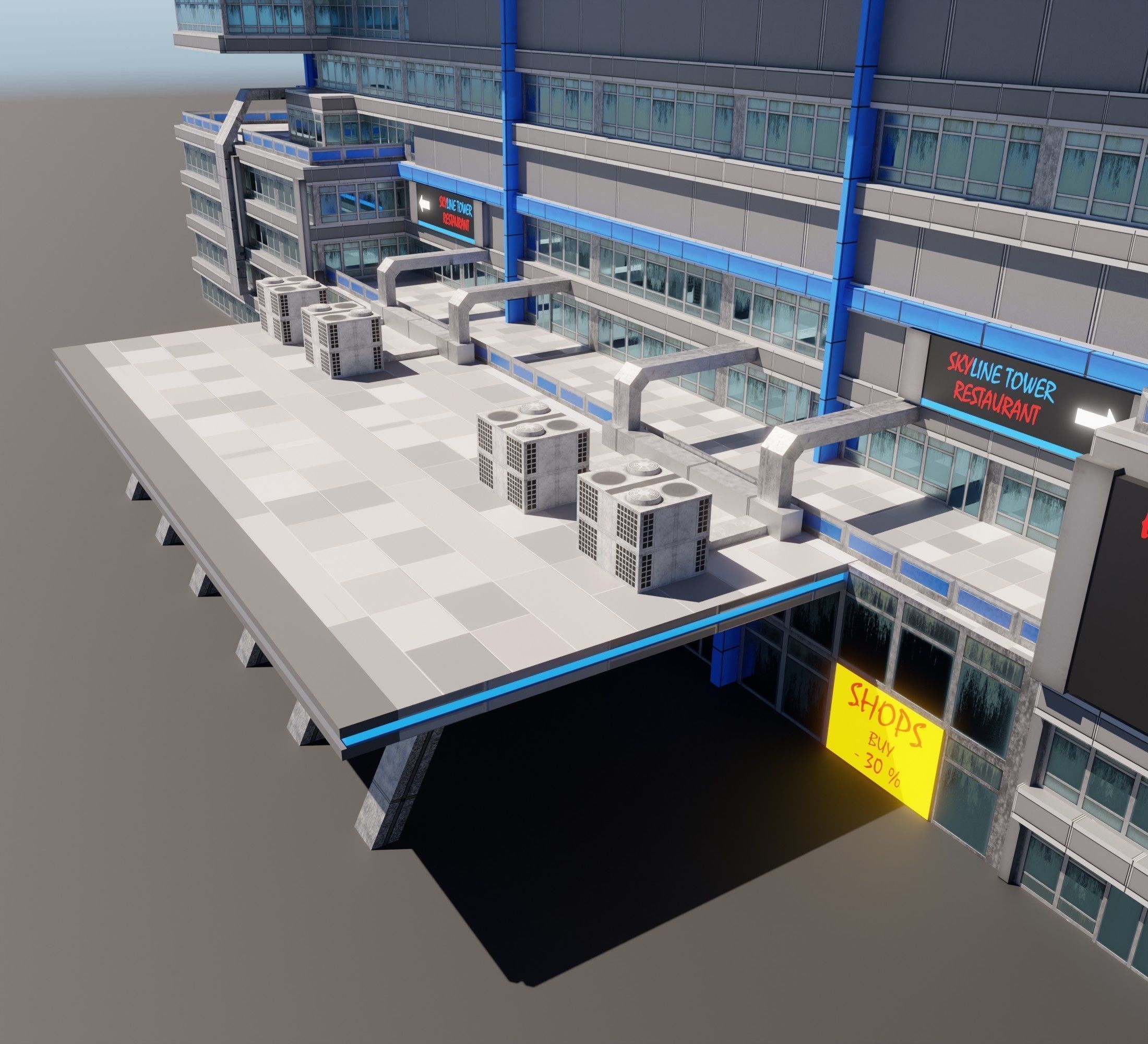 Huge skyscraper hotel with balcony and trapezoid shape Low-poly 3D model_5