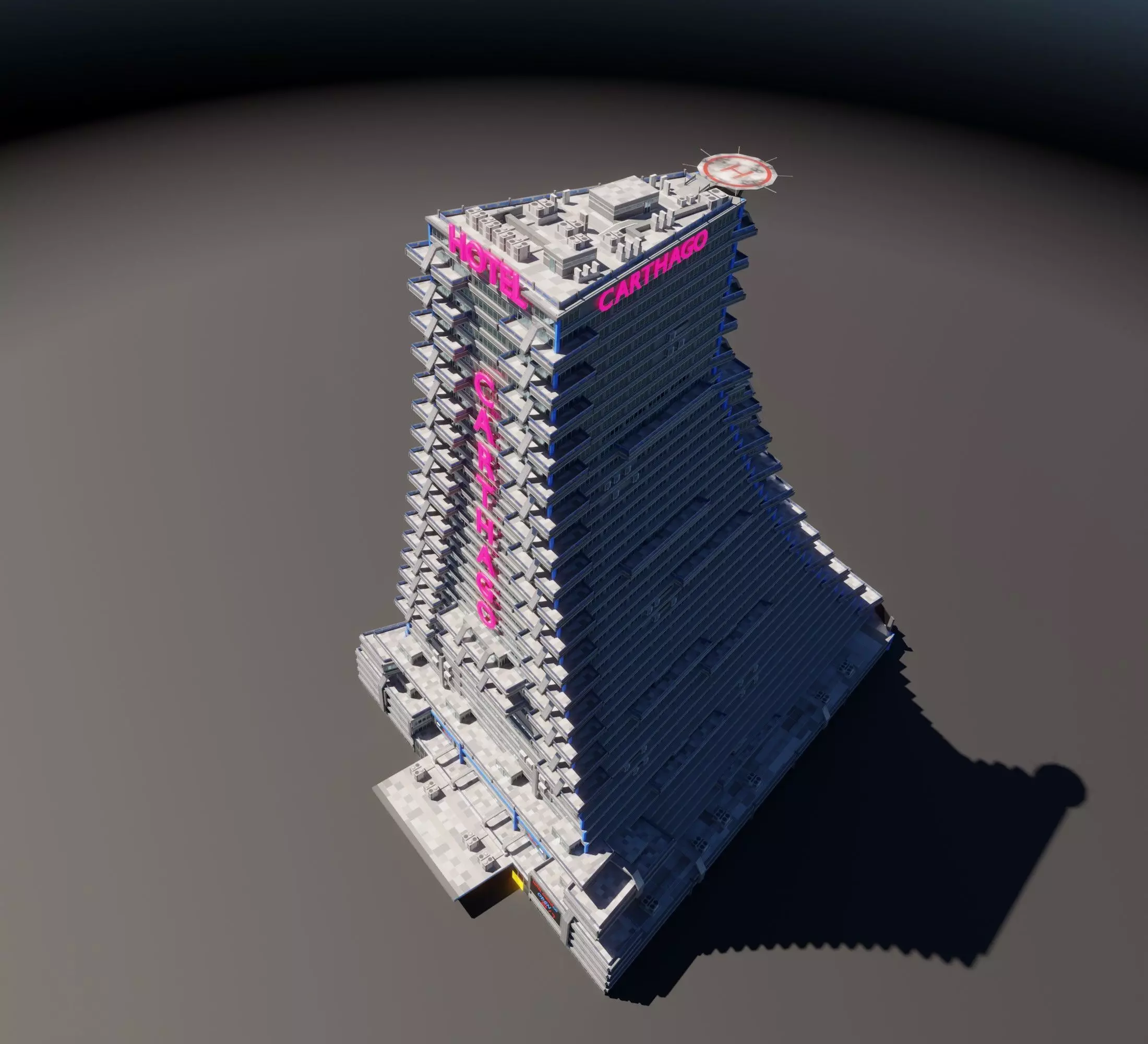 Huge skyscraper hotel with balcony and trapezoid shape Low-poly 3D model_0