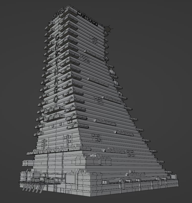 Huge skyscraper hotel with balcony and trapezoid shape Low-poly 3D model_11