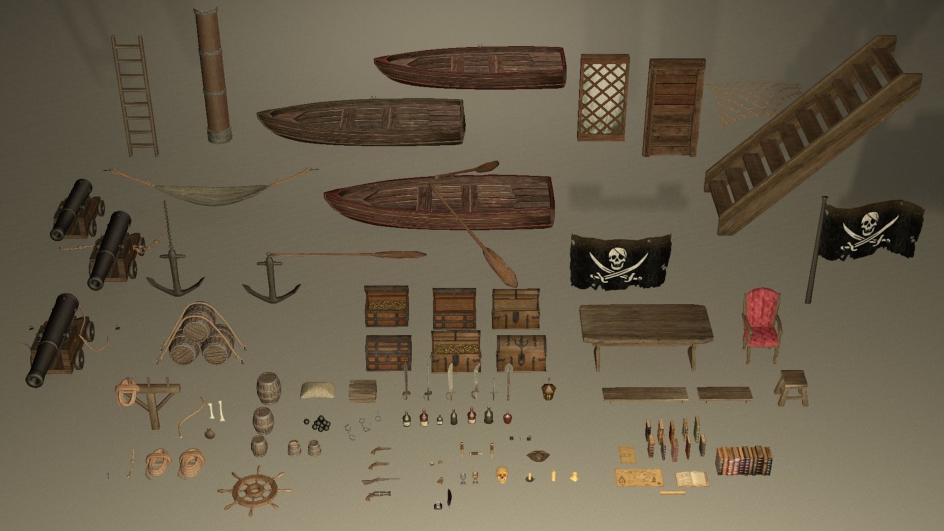Pirate sailor props mega pack - 110 plus items collection Low-poly 3D model_1