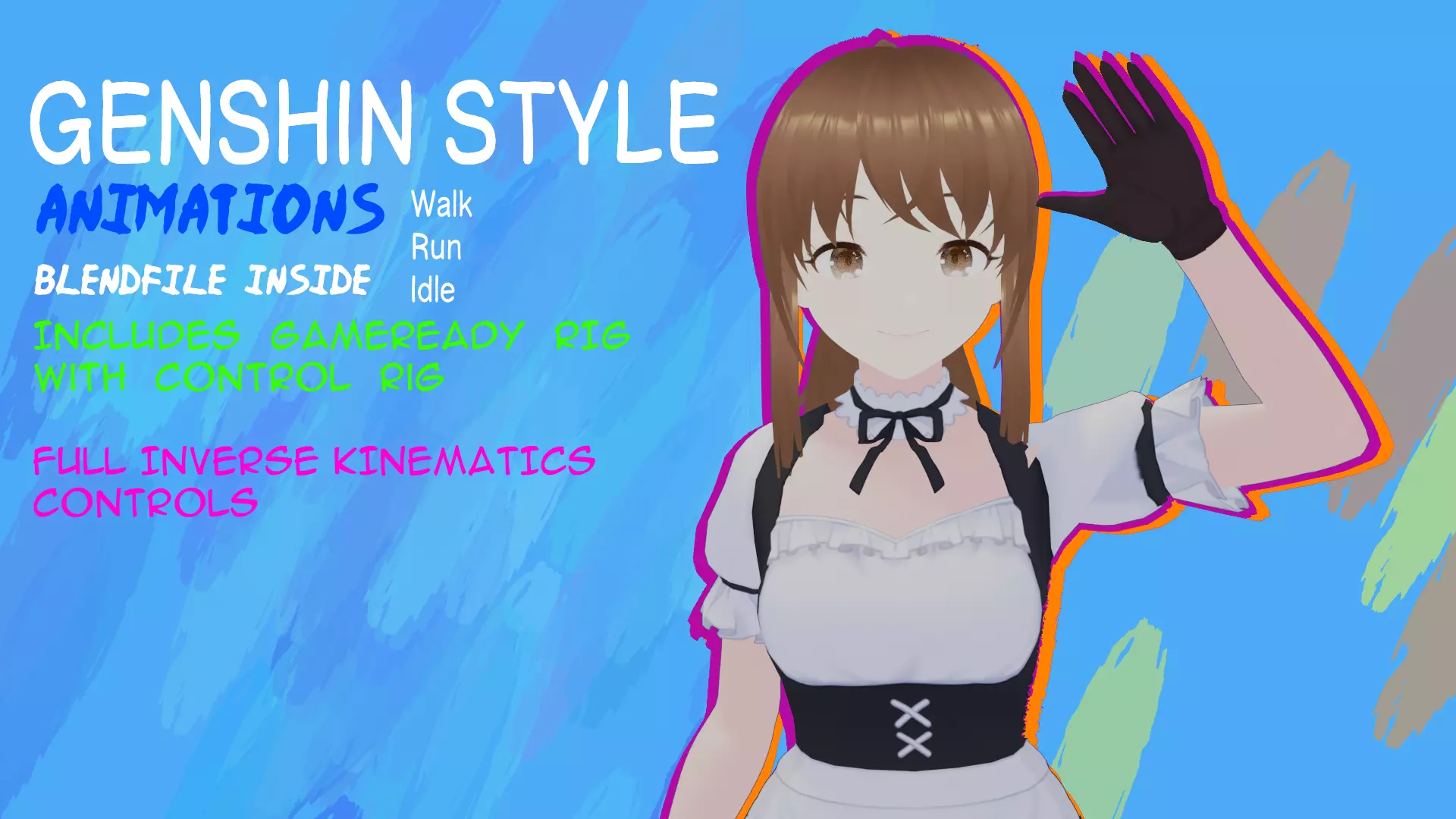 Anime Basemesh with Genshin Styled animations and Maid outfit Low-poly 3D model_0