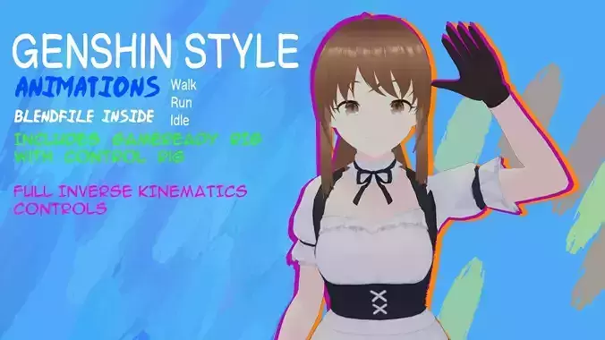 Anime Basemesh with Genshin Styled animations and Maid outfit Low-poly 3D model
