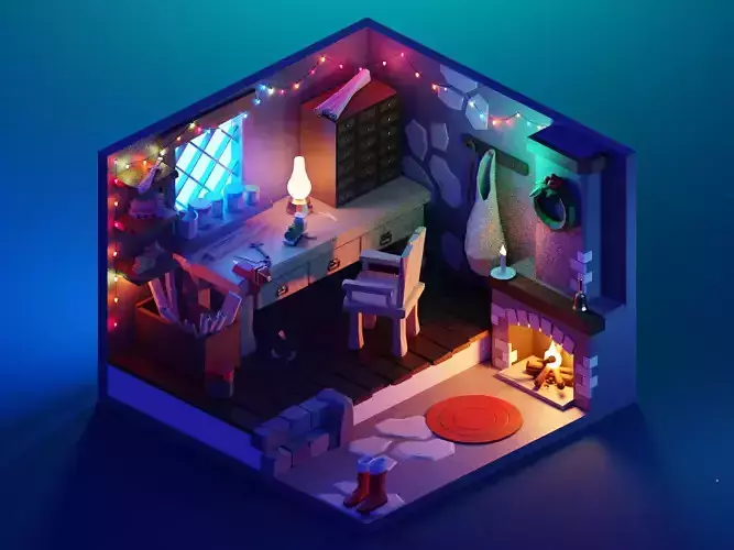 room-workshop low poly model render in blender