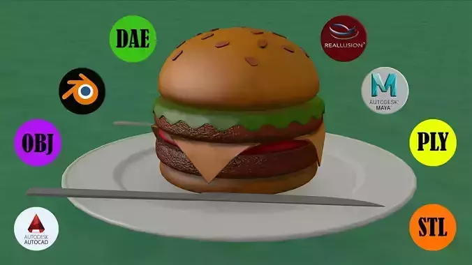 Burger hamburger on plate with forks Low-poly 3D model