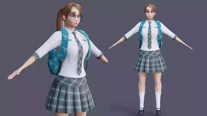 Cartoon School Girl NO RIGG Blender
