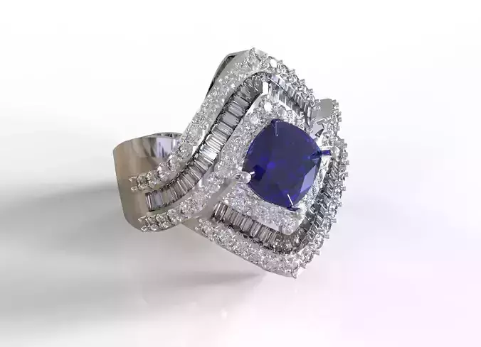 Ring with cushion 7mm baguette straight 2x1mm round 