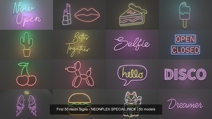 First 50 Neon Signs - NEONPLEX SPECIAL PACK 3D Model Collection