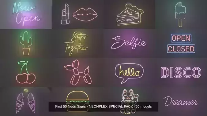 First 50 Neon Signs - NEONPLEX SPECIAL PACK 3D Model Collection
