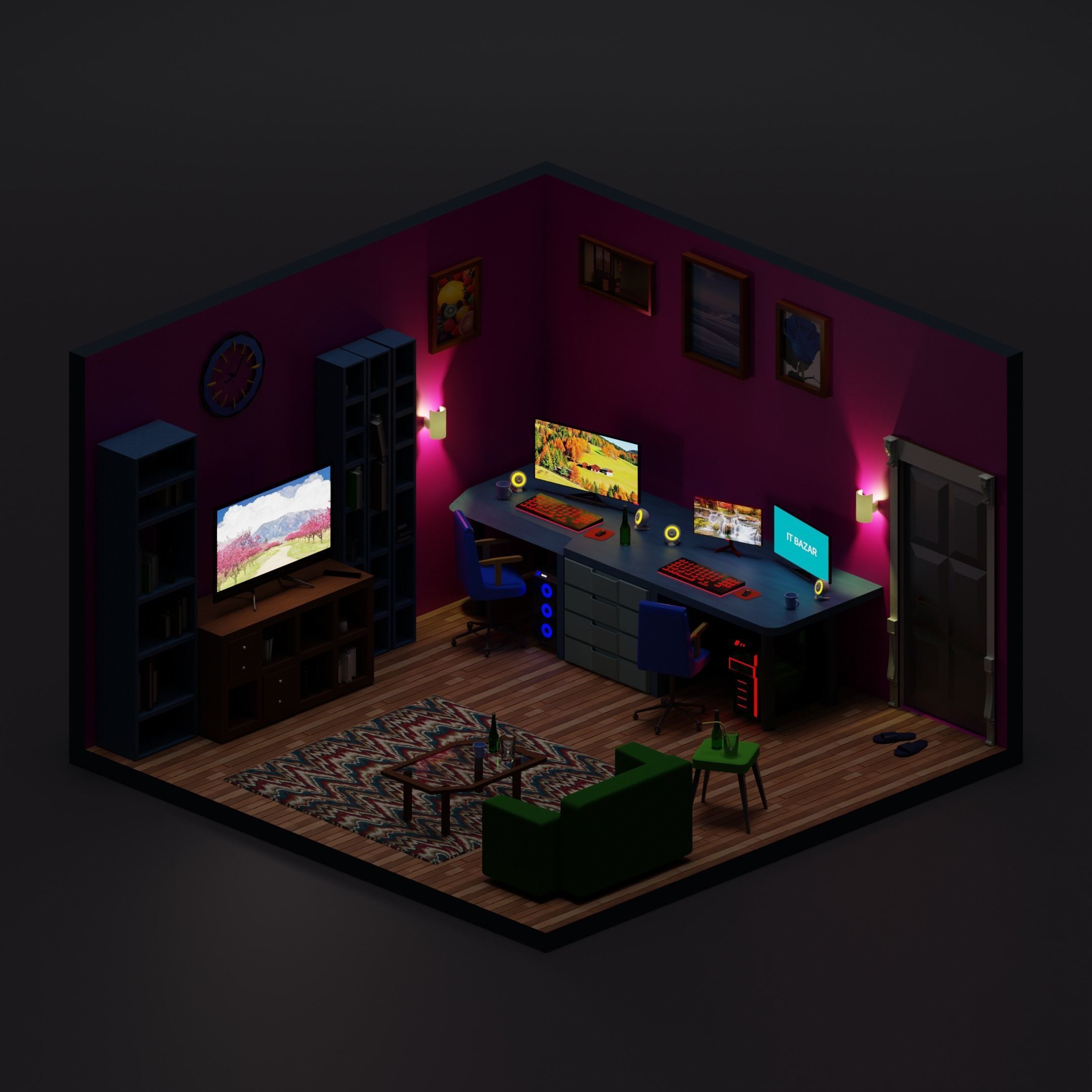 house room with desk and chairs 3D model_1