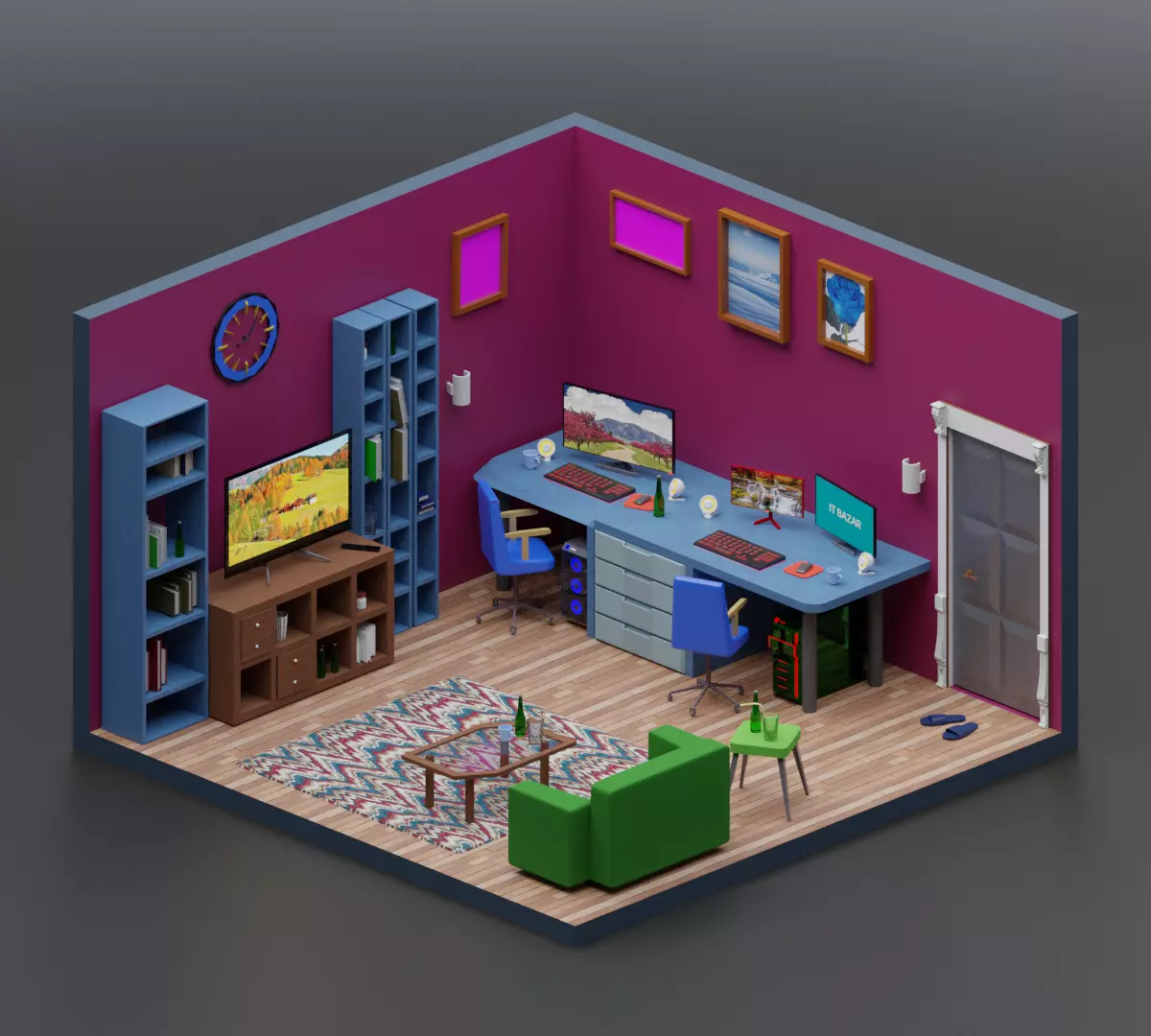 house room with desk and chairs 3D model_0