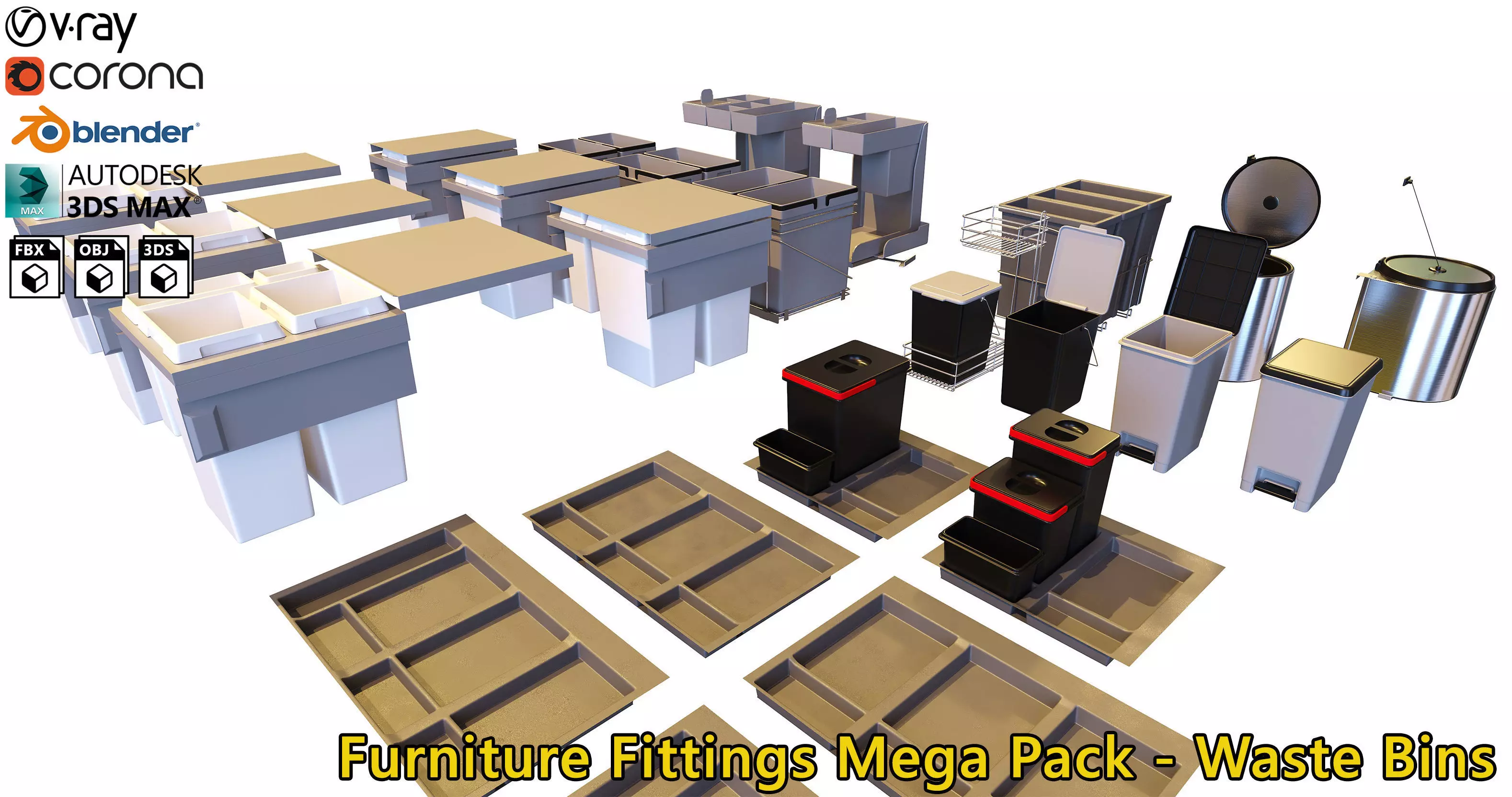 Furniture Fittings Mega Pack - Waste Bins 3D model_0