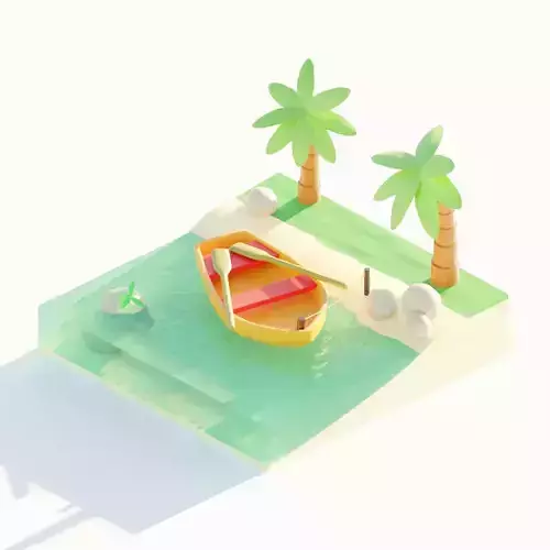 TROPIC island with boat and palm trees